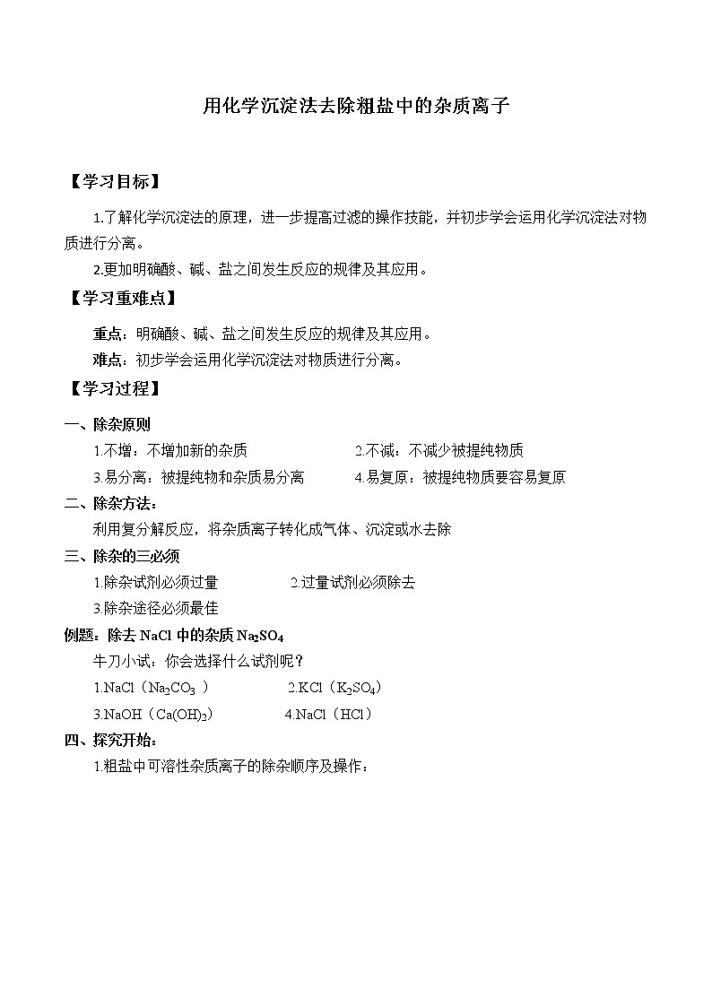 人教版 (2019) 高中化学 必修第二册  第五章 实验活动4  用化学沉淀法去除粗盐中的杂质离子学案01
