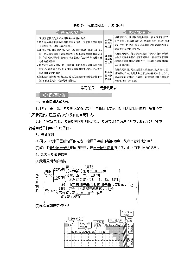 2022届高考化学一轮复习讲义学案第5章  课题17　元素周期表　元素周期律01