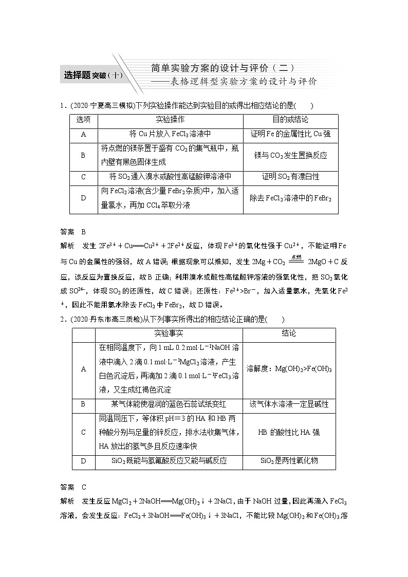 2022届高考化学二轮专题复习学案练习专题九 选择题突破（十） 简单实验方案的设计与评价（二）第1页