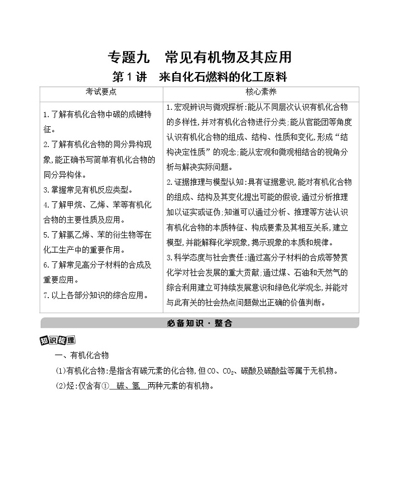 高考化学专题复习  专题九　常见有机物及其应用_第1讲　来自化石燃料的化工原料课件PPT01