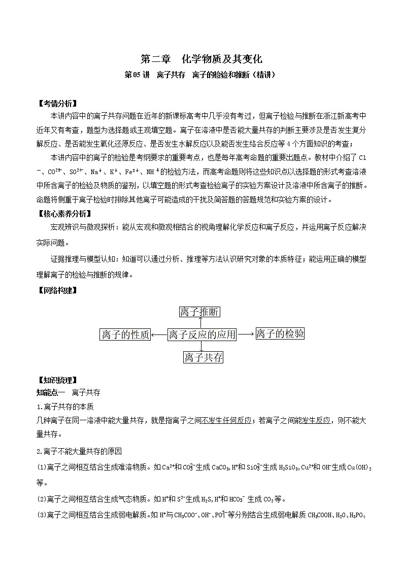 第05讲  离子共存　离子的检验和推断（讲）-2022年一轮复习讲练测（原卷版）第1页