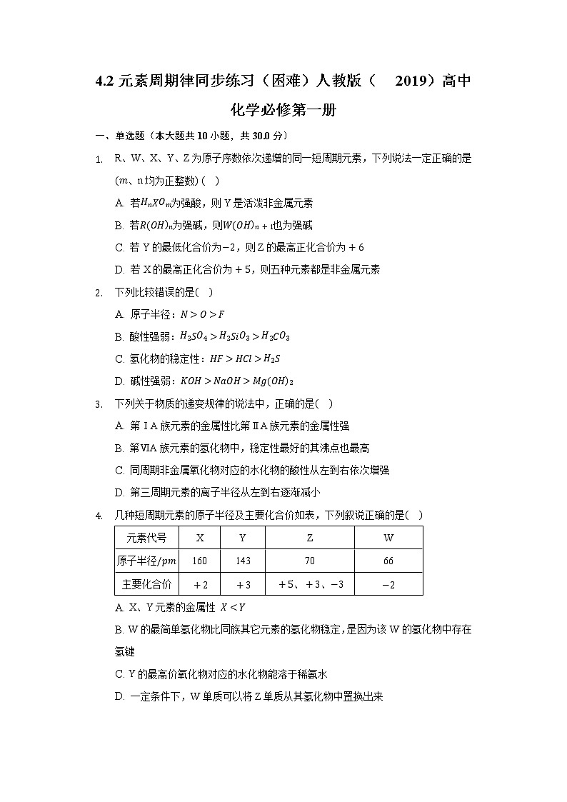 4.2元素周期律  同步练习（困难） 人教版（2019）高中化学必修第一册01