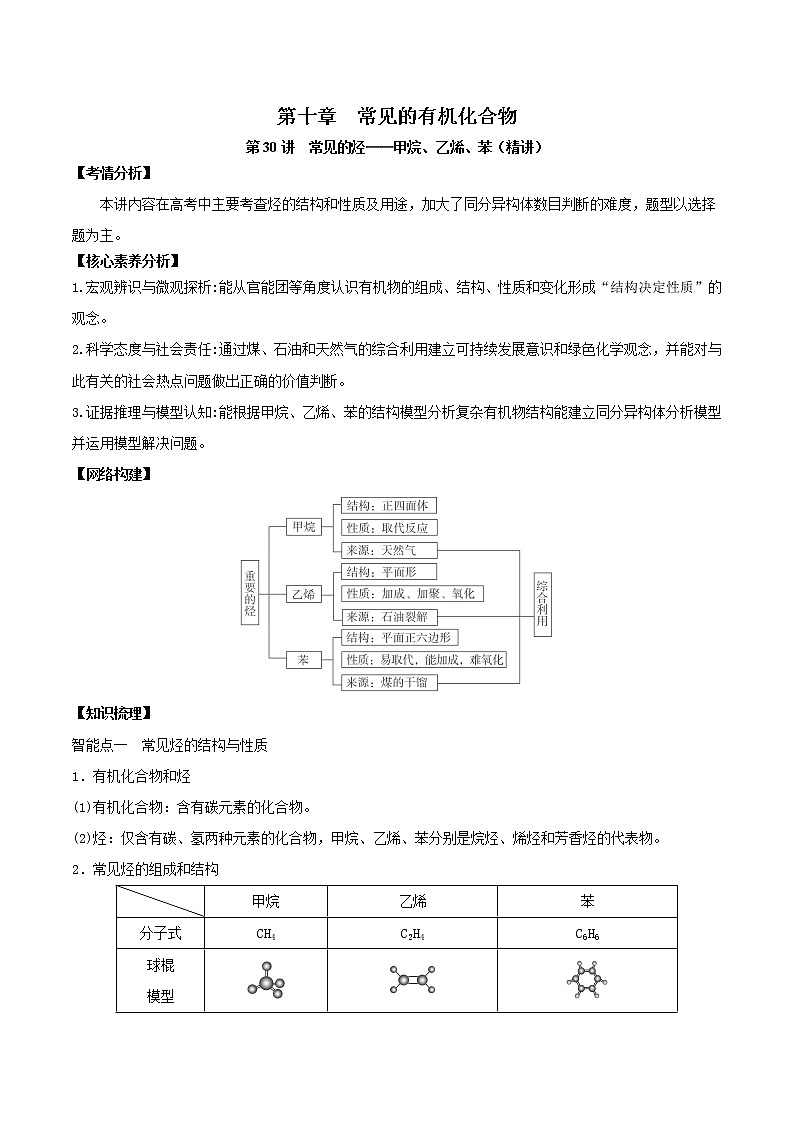第30讲  常见的烃——甲烷、乙烯、苯（讲）-2022年一轮复习讲练测（解析版）第1页