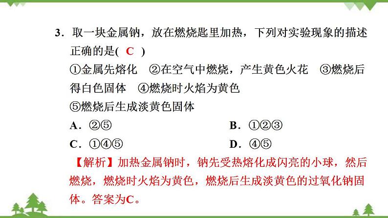 （新教材）2021-2022学年人教版化学必修第一册作业课件：第二章+高效作业7+【第1课时　钠及其氧化物】05