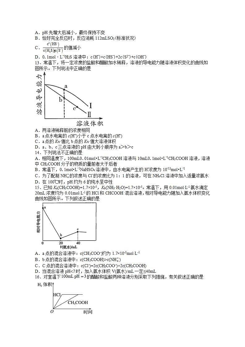 2022届高三化学一轮高考复习常考题型：46弱电解质的电离平衡分析03