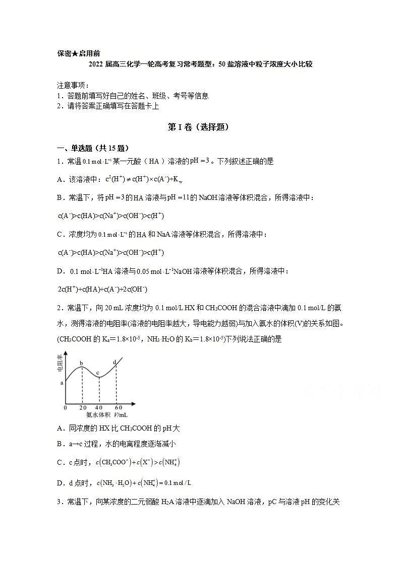 2022届高三化学一轮高考复习常考题型：50盐溶液中粒子浓度大小比较01