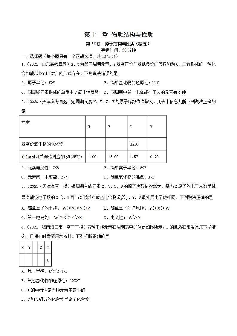 第36讲  原子结构与性质（精练）-2022年高考化学一轮复习讲练测01