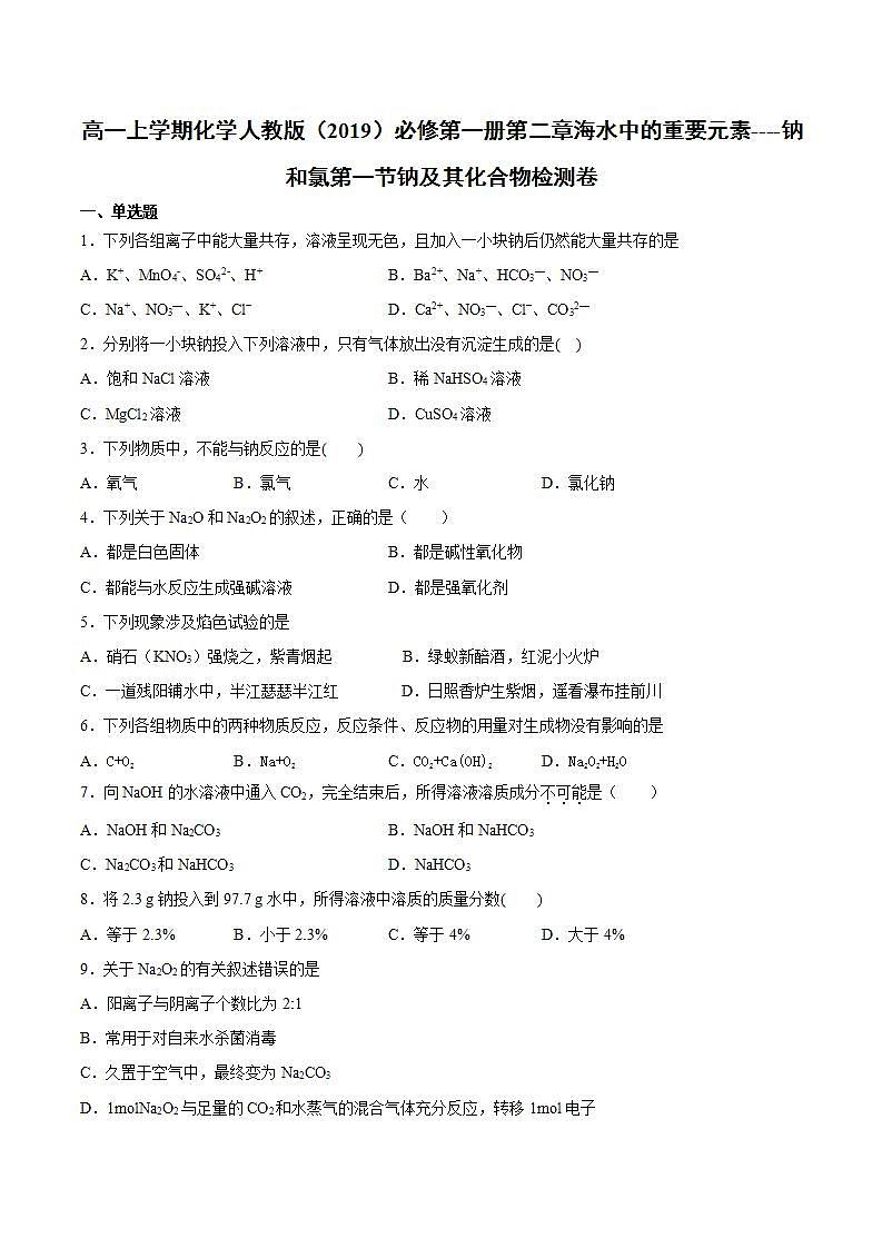高一上学期化学人教版（2019）必修第一册第二章海水中的重要元素----钠和氯第一节钠及其化合物检测卷第1页