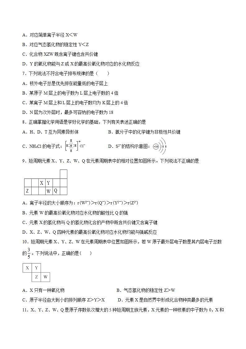 高一上学期化学人教版（2019）必修第一册第四章物质结构元素周期律整理与提升检测卷02