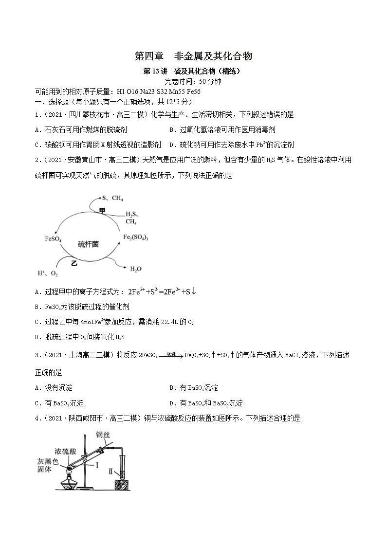第13讲  硫及其化合物（精练）-2022年高考化学一轮复习讲练测01