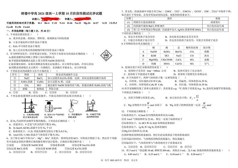 2021-2022学年四川省成都市树德中学高一上学期10月阶段性测试化学试题 PDF版01