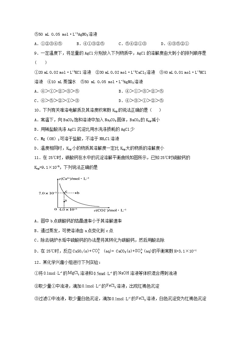 2022届高考化学一轮复习常考题型54难溶物的沉淀溶解平衡基础题含解析第3页