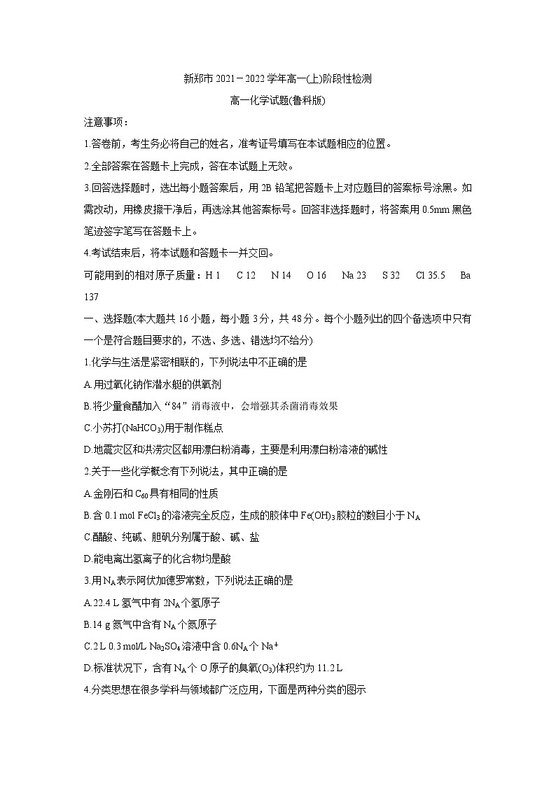 河南省郑州市新郑市2021-2022学年高一上学期10月第一次阶段性检测 化学 含答案第1页