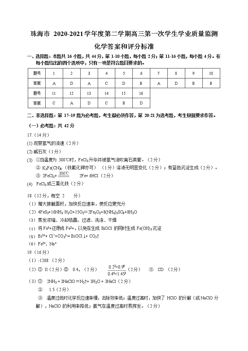 广东省珠海市2020-2021学年下学期高三第一次学业质量监测化学试题（一模）（图片版有答案）01