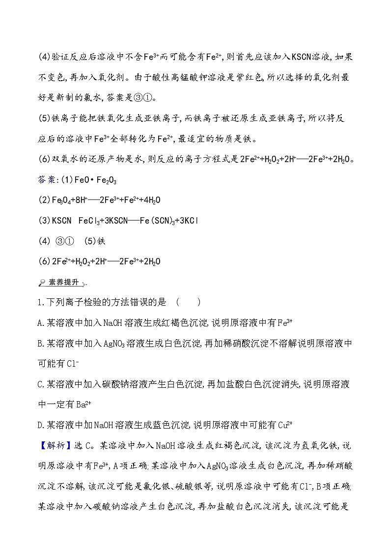 2020-2021学年高中化学人教版（2019）必修第一册 第3章实验活动2铁及其化合物的性质作业 练习02