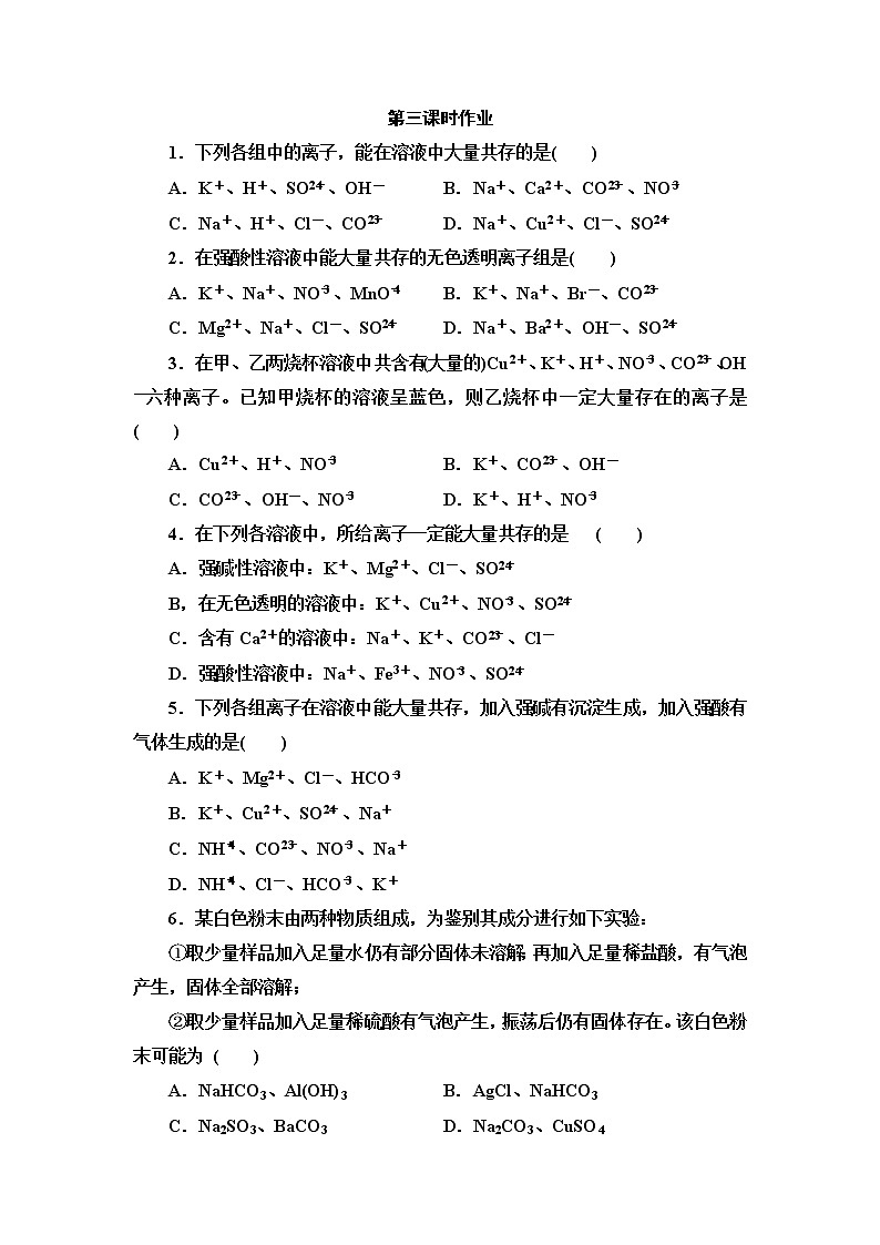 2021-2022学年高中化学新人教版必修第一册 第1章 第2节离子反应第3课时 作业第1页