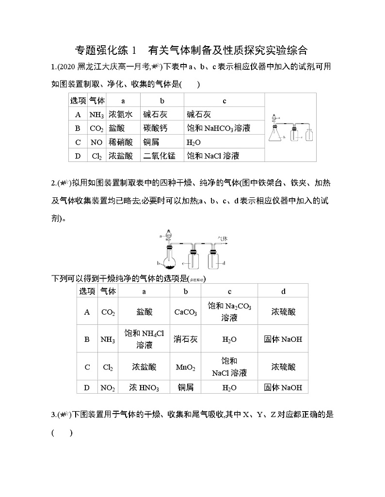 专题强化练1　有关气体制备及性质探究实验综合01