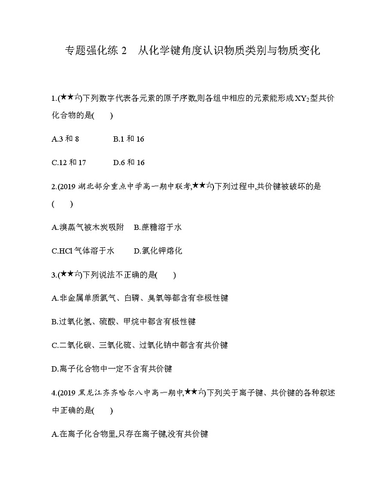 专题强化练2 从化学键角度认识物质类别与物质变化01