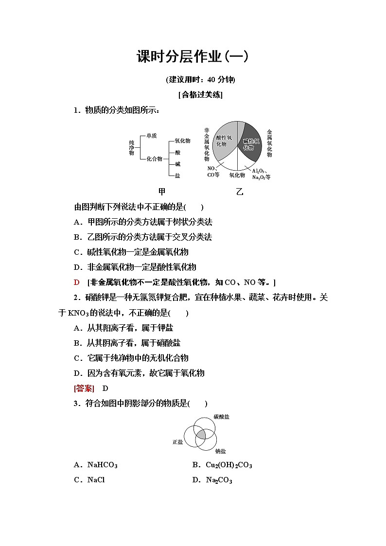 2020-2021学年高中化学人教版（2019）必修第一册 第1章 第1节 课时1物质的分类作业 练习01
