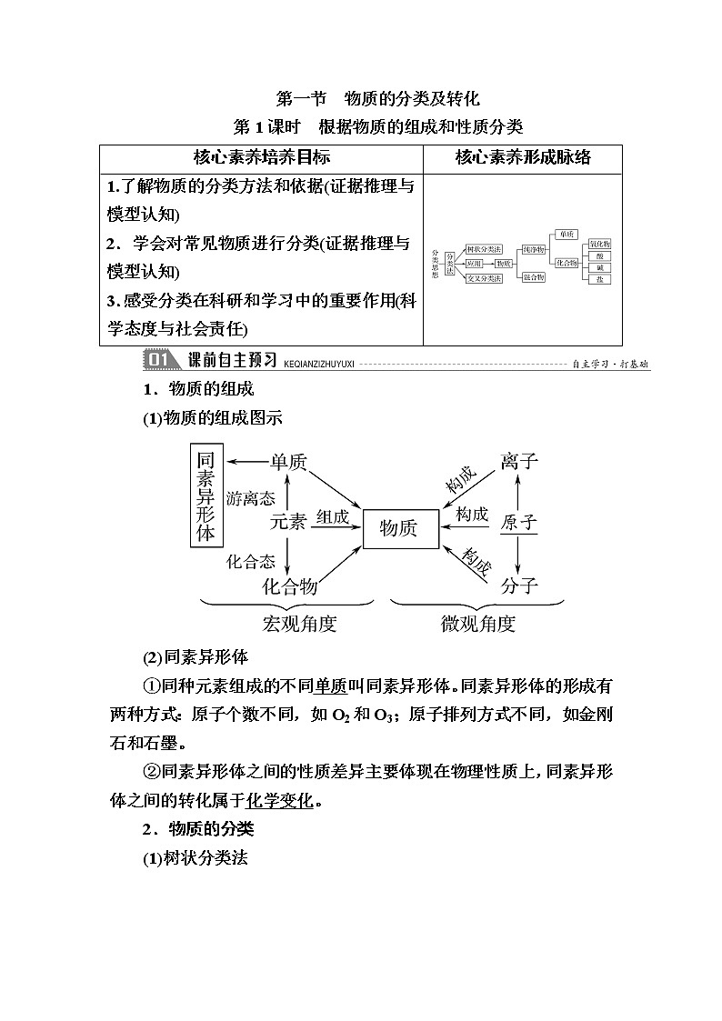 2020-2021学年高中化学人教版（2019）必修第一册  第一章 第一节 第1课时　根据物质的组成和性质分类 学案第1页