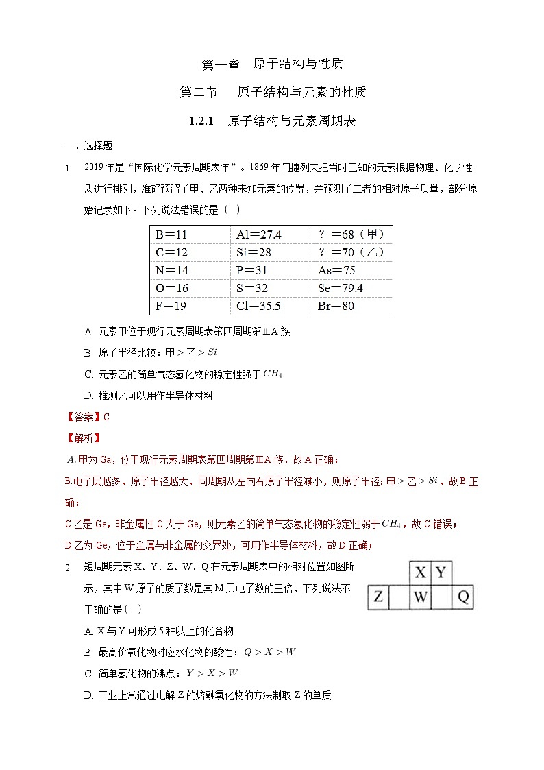 1.2.1 原子结构与元素周期表-练习-2020-2021学年下学期高二化学同步精品课堂(新教材人教版选择性必修2)（解析版）第1页