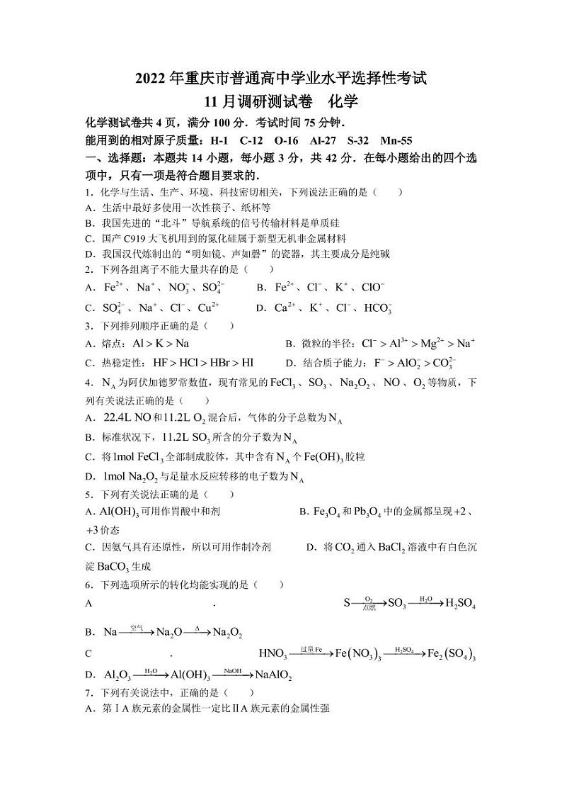 2022届重庆市高三上学期11月高考模拟调研卷（一）化学试题（PDF版含答案）01