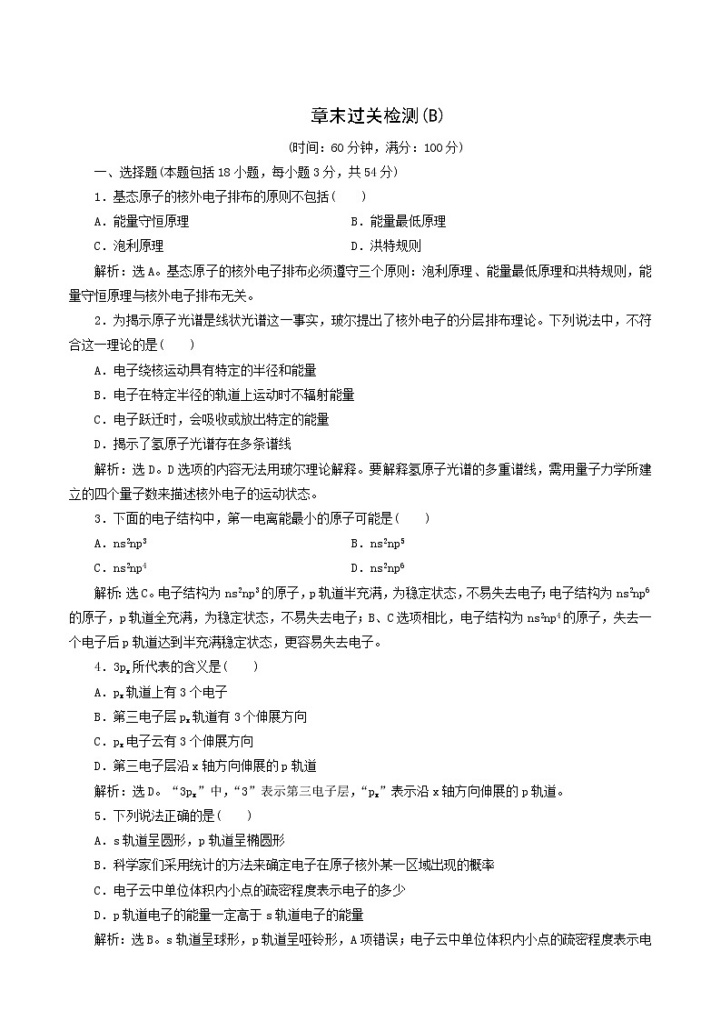 人教版 (新课标) 选修3 第1章 原子结构与性质章末过关检测b第1页