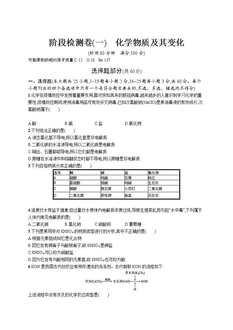 阶段检测卷(一)　化学物质及其变化第1页