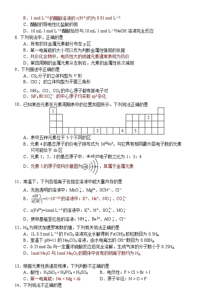 浙江省绍兴市诸暨中学2021-2022学年高二上学期期中考试化学试题（平行班）含答案02