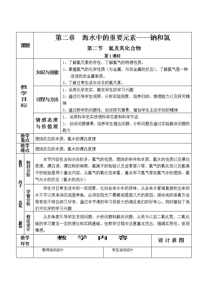 2.2.1 氯及其化合物（第1课时）-2021-2022学年高一化学同步配套教案（人教版2019必修第一册）01