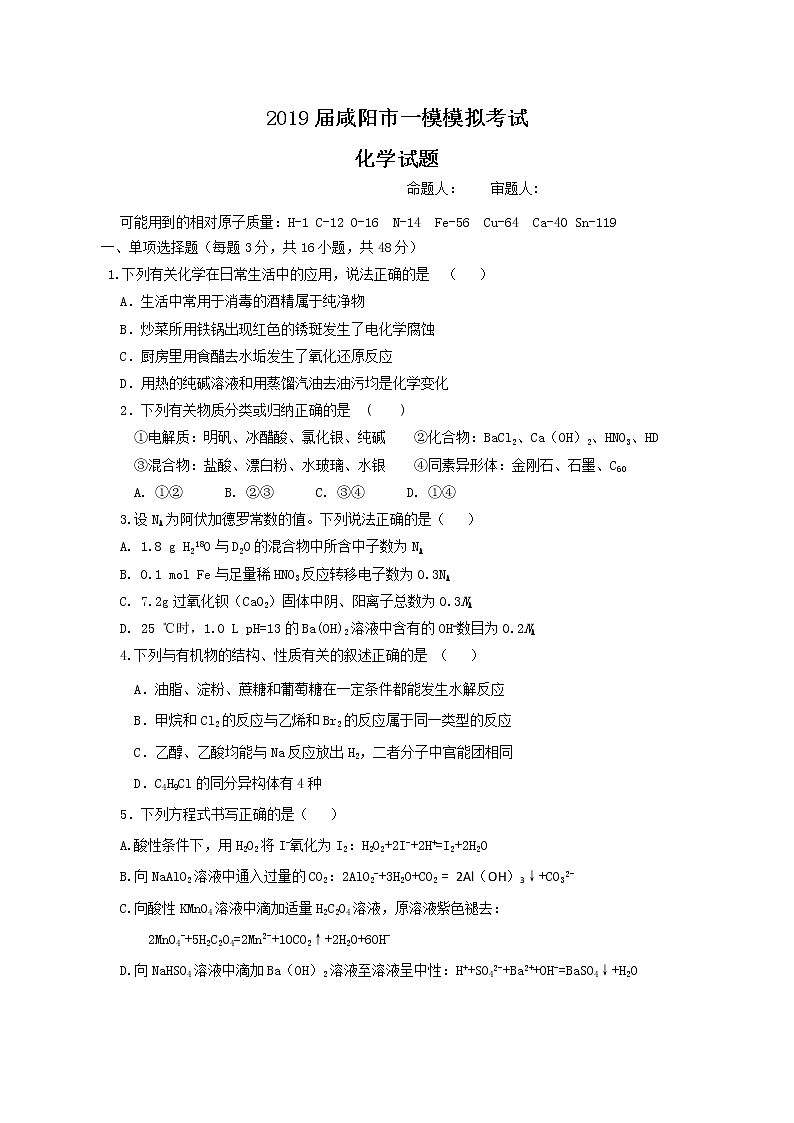 陕西省咸阳市2019届一模模拟考试化学试题01