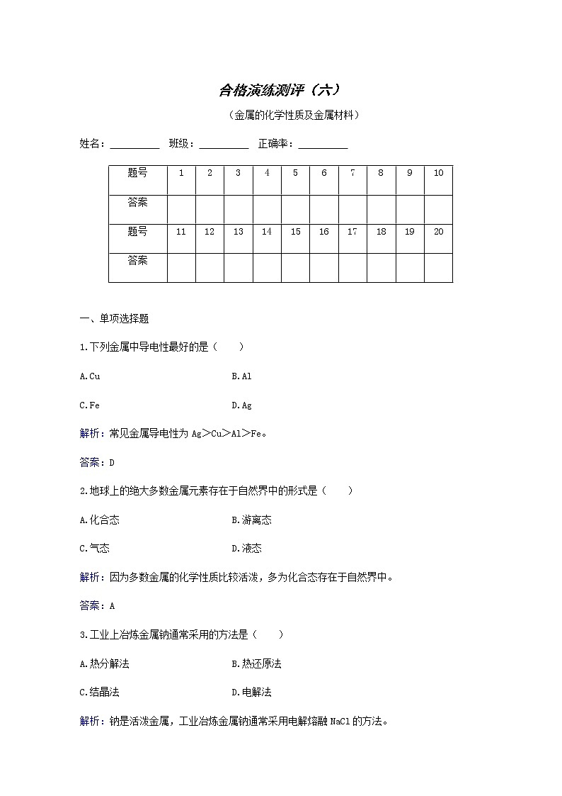 2022高考二轮复习  专题6 金属的化学性质及金属材料第1页