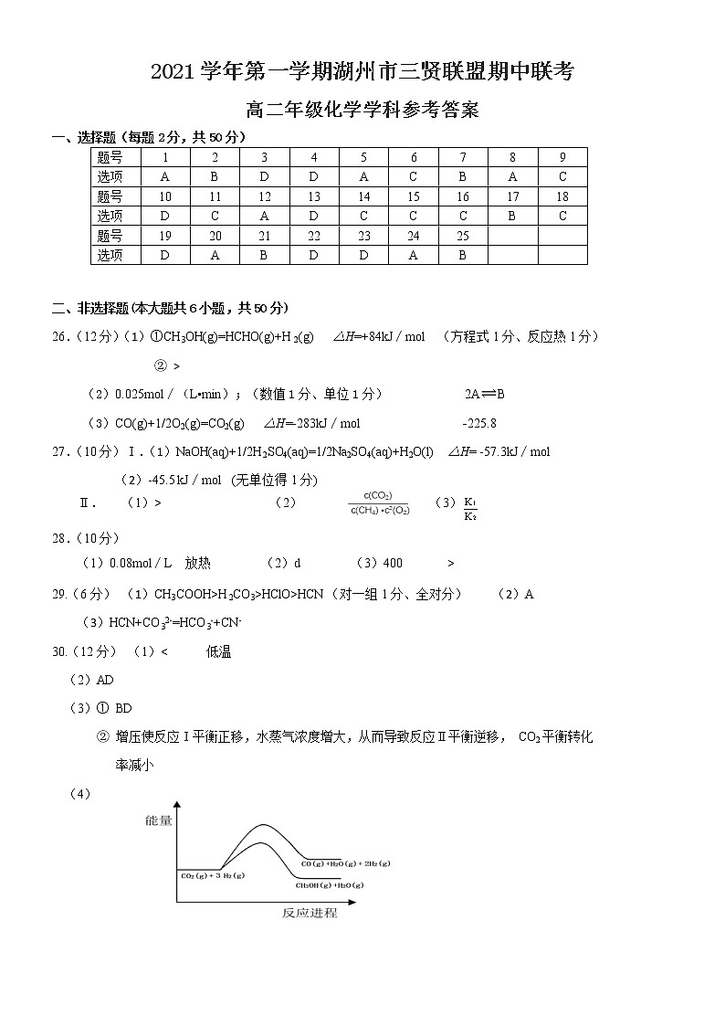浙江省湖州市三贤联盟2021-2022学年高二上学期期中考试化学试题Word版含答案01