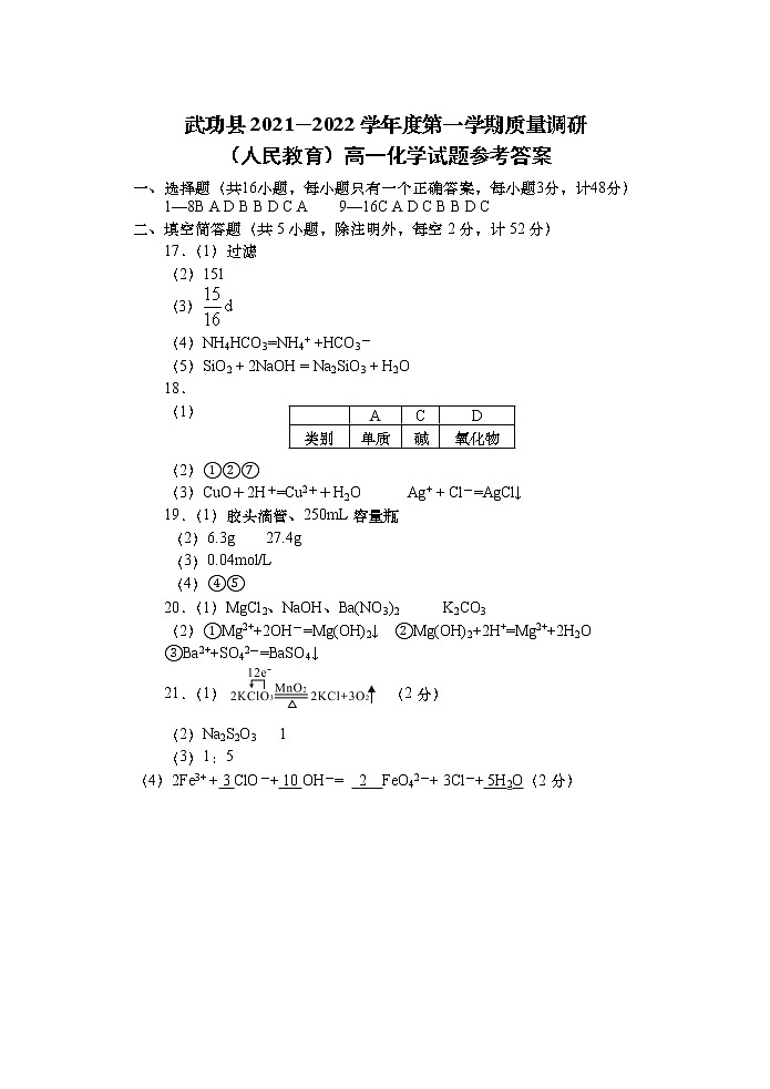 陕西省咸阳市武功县2021-2022学年高一上学期期中考试化学试题扫描版含答案01