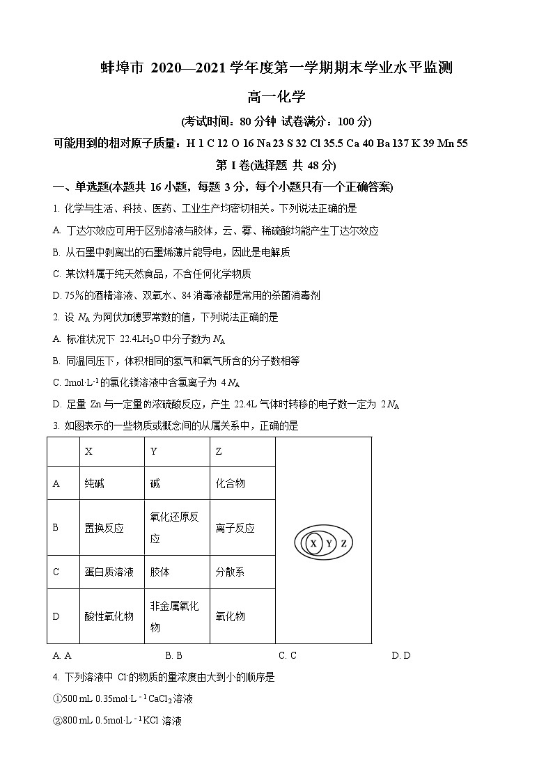 2020-2021学年安徽省蚌埠市高一上学期期末学业水平监测化学试题（Word版含答案）01