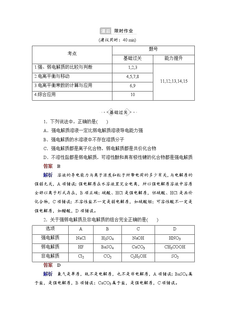 人教版 (2019)高中化学选择性必修1 第3章 第1节 电离平衡练习题第1页