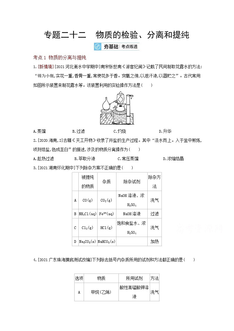 2022高三化学（全国版）一轮复习试题：专题二十二　物质的检验、分离和提纯 2 Word版第1页