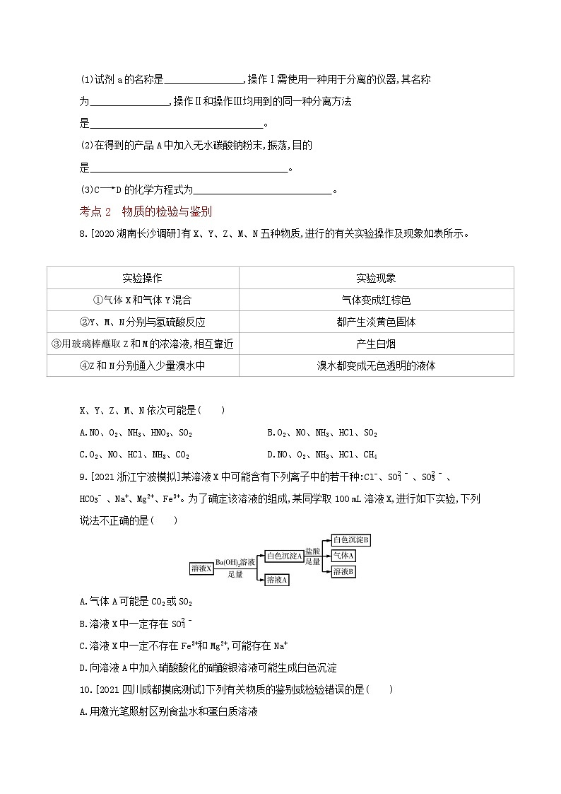 2022高三化学（全国版）一轮复习试题：专题二十二　物质的检验、分离和提纯 2 Word版第3页