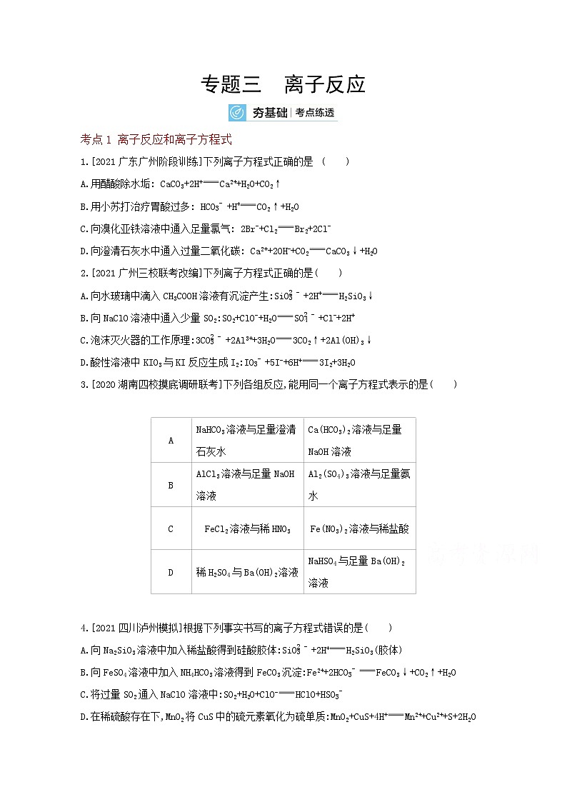 2022高三化学（全国版）一轮复习试题：专题三 离子反应 2 Word版第1页