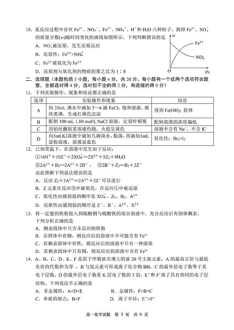 山东省淄博市2020-2021学年高一上学期期末考试化学试题（无答案）03