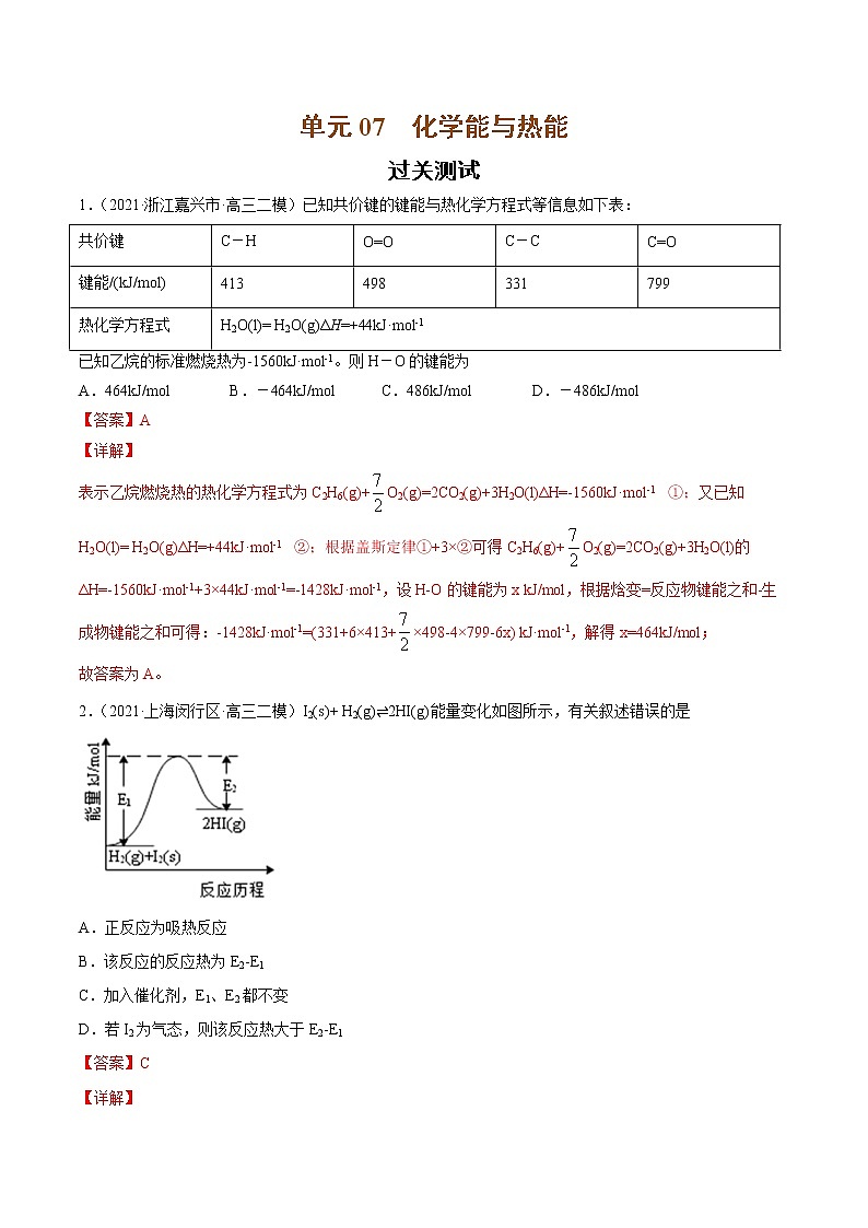 单元07 化学能与热能-【过关测试】-2022年高考一轮化学单元复习过过过（全国通用）（解析版）第1页