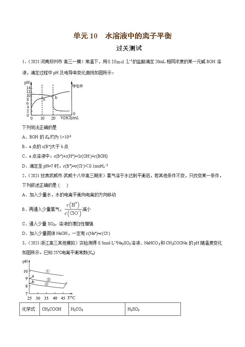 单元10 水溶液中的离子平衡【过关测试】-2022年高考一轮化学单元复习过过过（全国通用）（原卷版）第1页