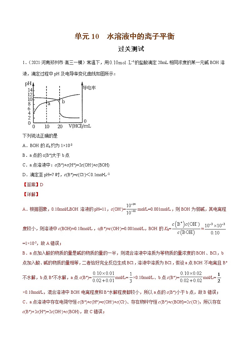 单元10 水溶液中的离子平衡【过关测试】-2022年高考一轮化学单元复习过过过（全国通用）（解析版）第1页