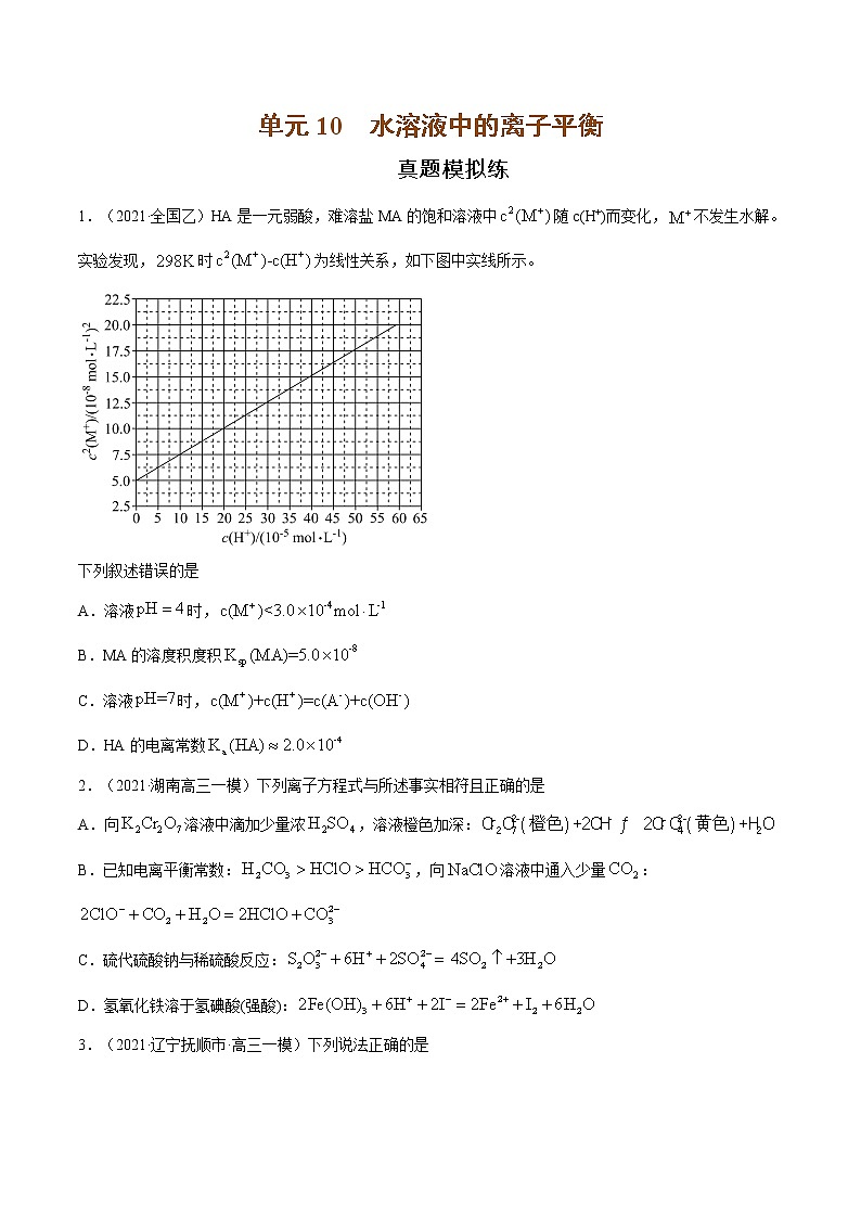 单元10 水溶液中的离子平衡【真题模拟练】-2022年高考一轮化学单元复习过过过（全国通用）（原卷版）第1页