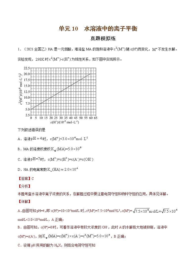 单元10 水溶液中的离子平衡【真题模拟练】-2022年高考一轮化学单元复习过过过（全国通用）（解析版）第1页