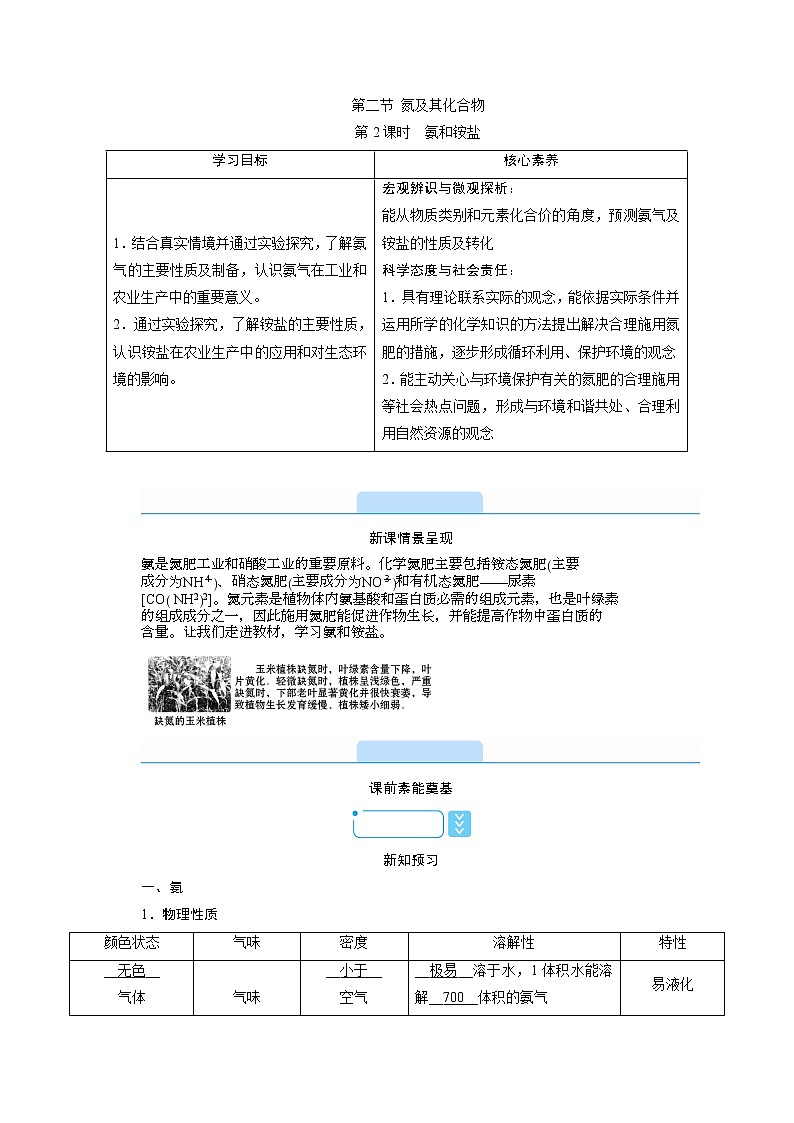 2020-2021学年高中化学新人教版必修第二册  第五章第二节 氮及其化合物（第2课时） 学案第1页