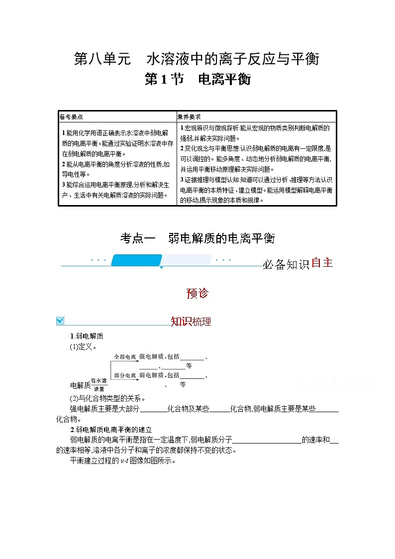 2022届高考新教材化学人教版一轮复习学案：第八单元 第1节　电离平衡第1页