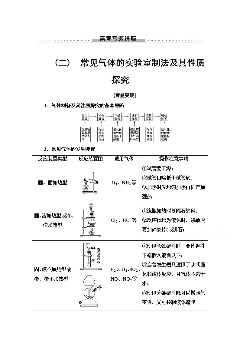 2022届高考统考化学人教版一轮复习教师用书：第1部分 高考专题讲座 2　常见气体的实验室制法及其性质探究教案第1页