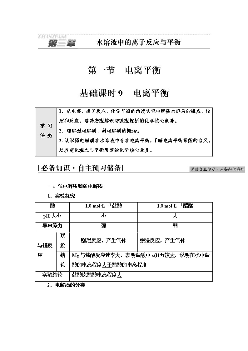 2021年高中化学新人教版选择性必修1 第三章 第1节电离平衡 学案01