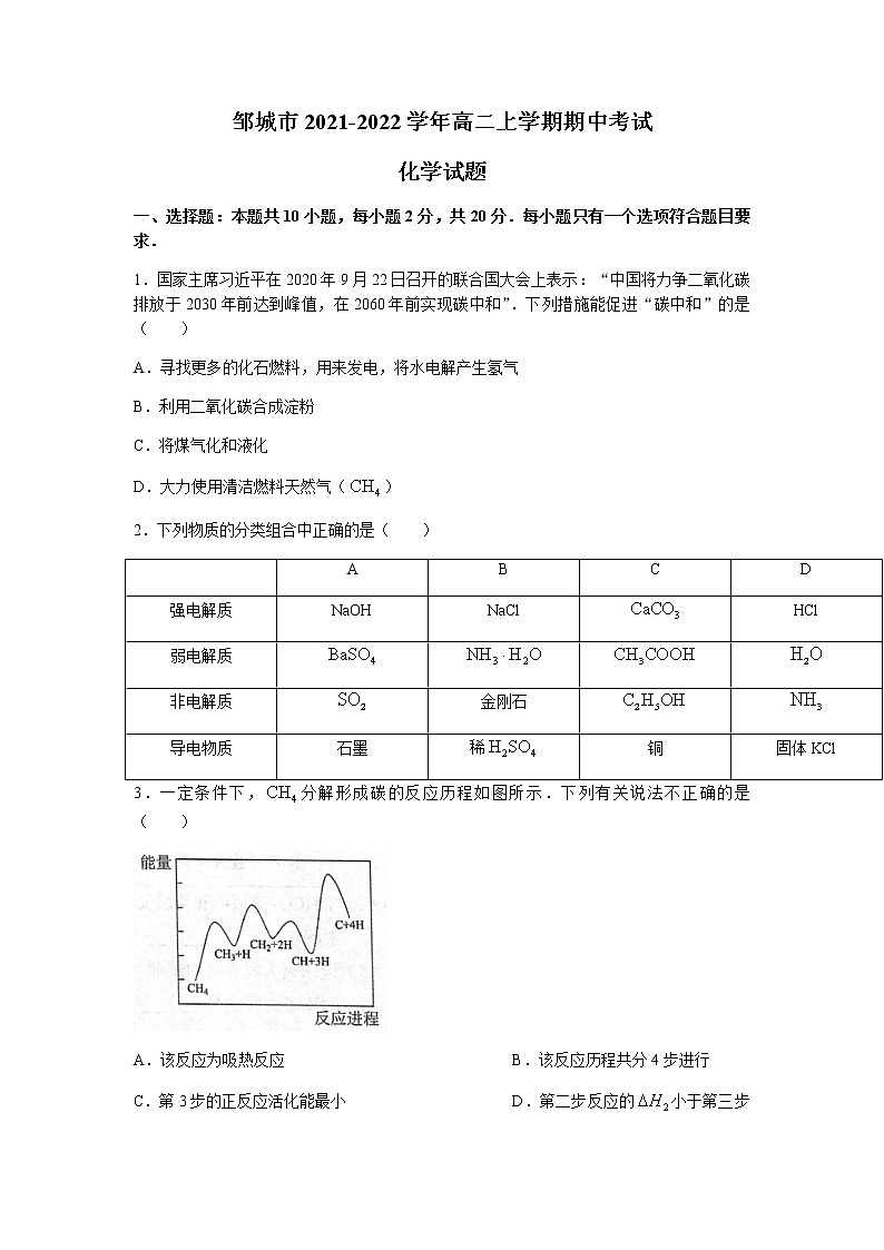 山东省济宁市邹城市2021-2022学年高二上学期期中考试化学试题含答案第1页